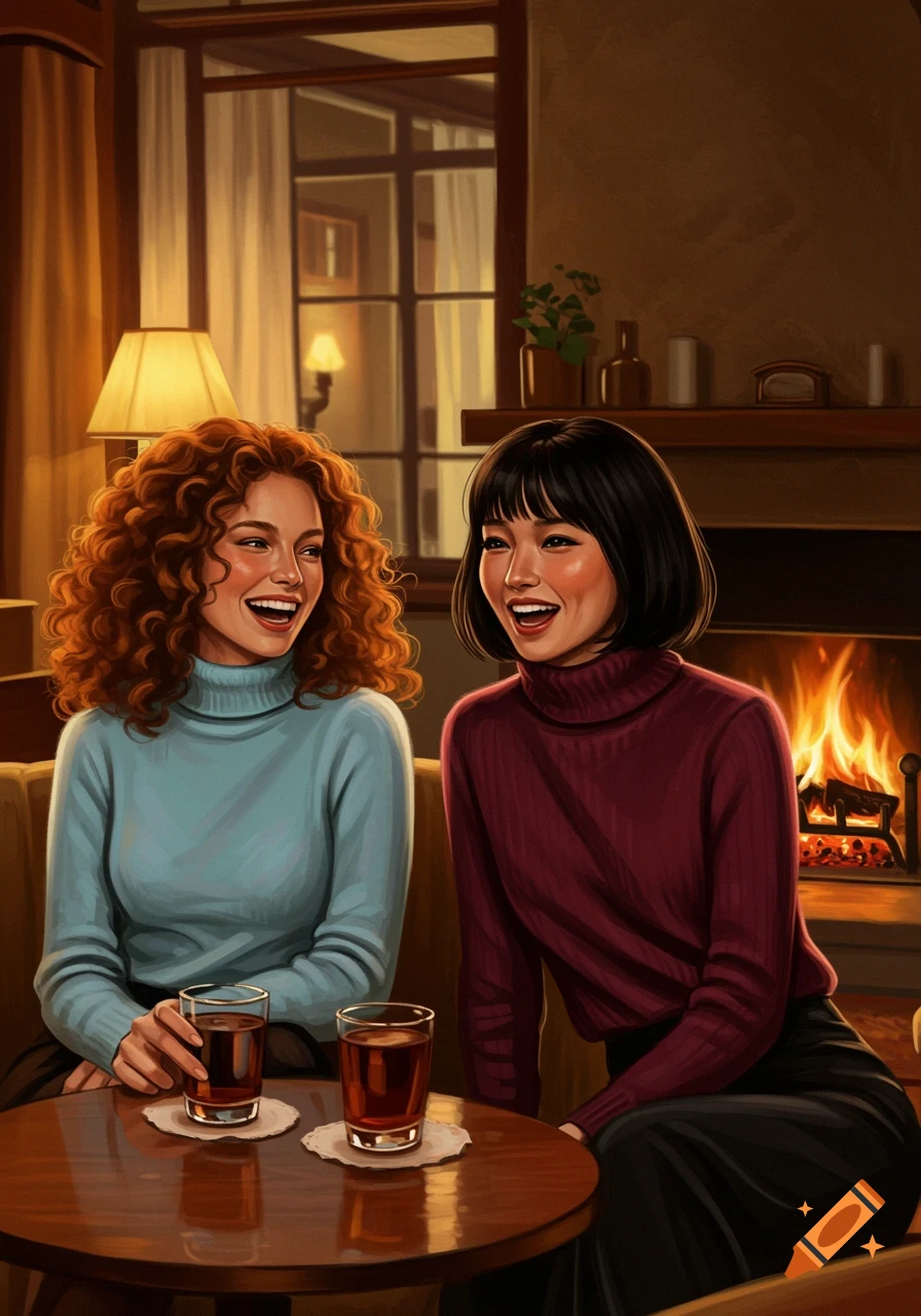 Two women, one with red curly hair and one with a black bob, laugh while sitting at a table with drinks by a fireplace in a cozy, warm-toned room.