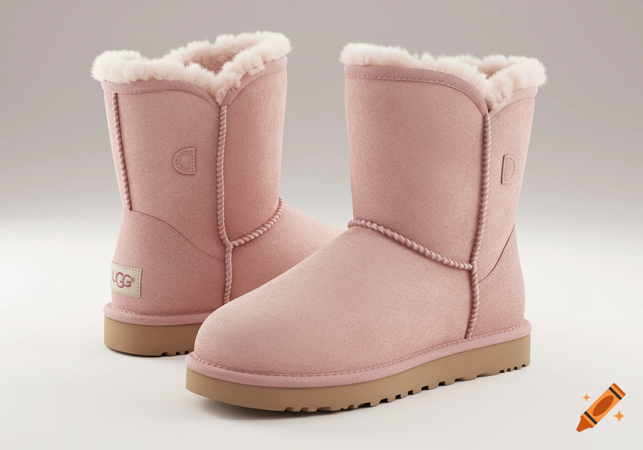 A pair of light pink UGG boots with fluffy white lining and brown soles, standing on a light background.