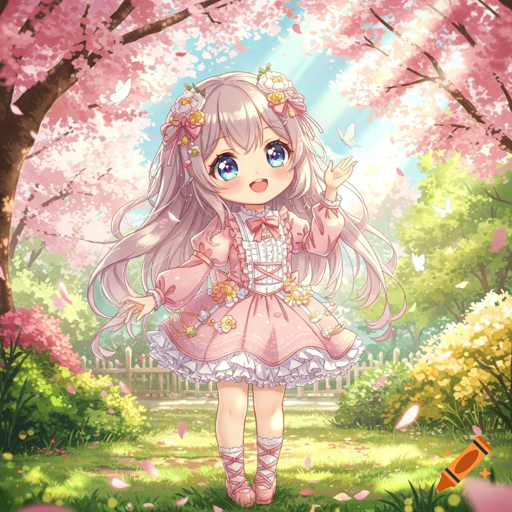 A cute anime girl with long, light pink hair and big blue eyes smiles happily in a cherry blossom park.