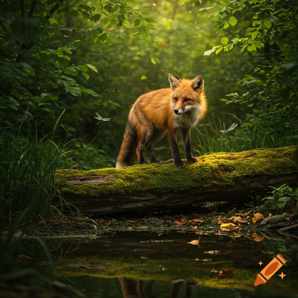 A red fox stands on a moss-covered log in a sunlit, green forest next to still water, with dragonflies nearby. Photorealistic.