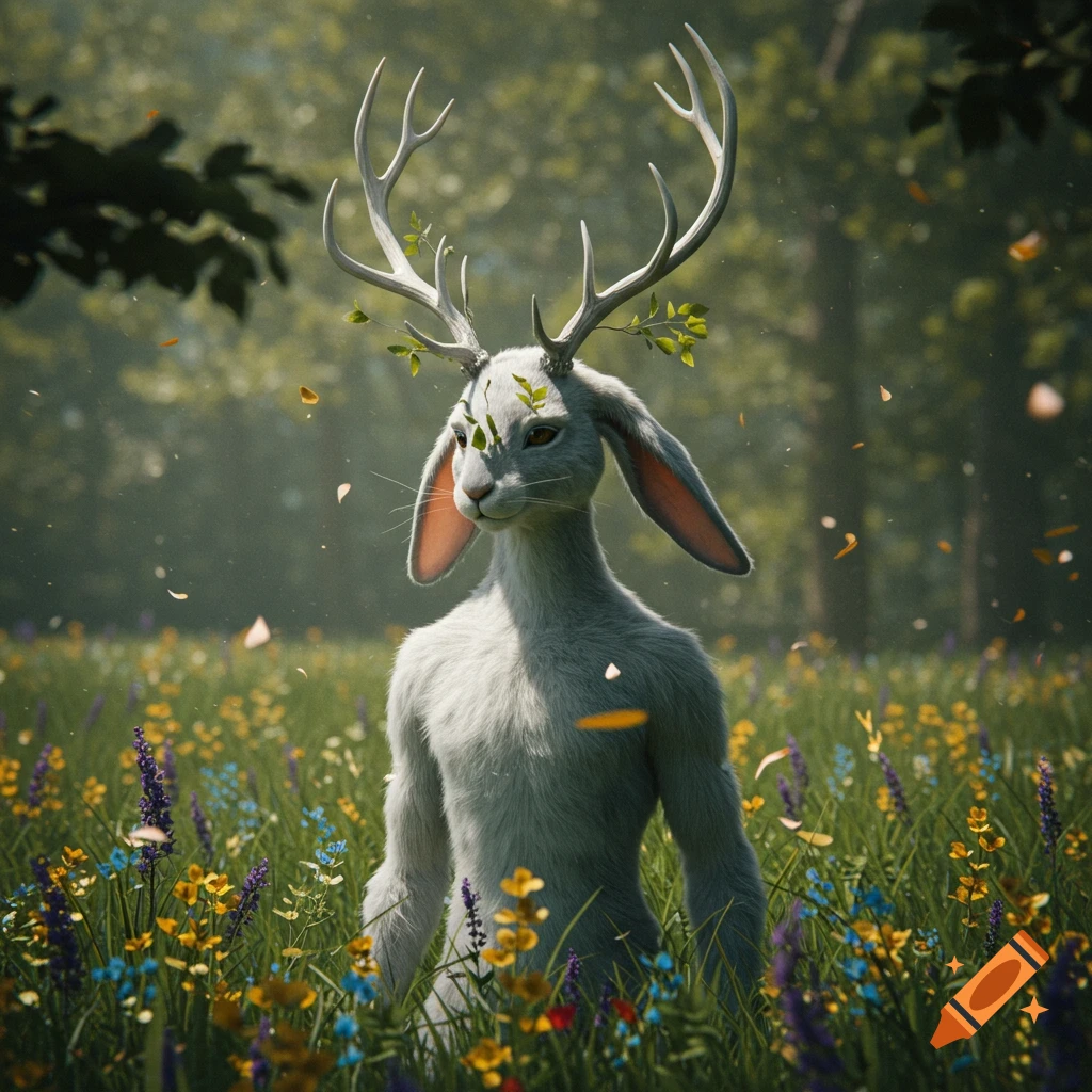 An anthropomorphic rabbit-like creature with deer antlers and leaves on its head stands in a field of colorful wildflowers.