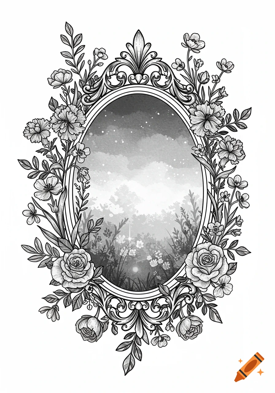 Black and white line art of an ornate oval frame encircled by whimsical flowers, featuring a misty forest scene within.