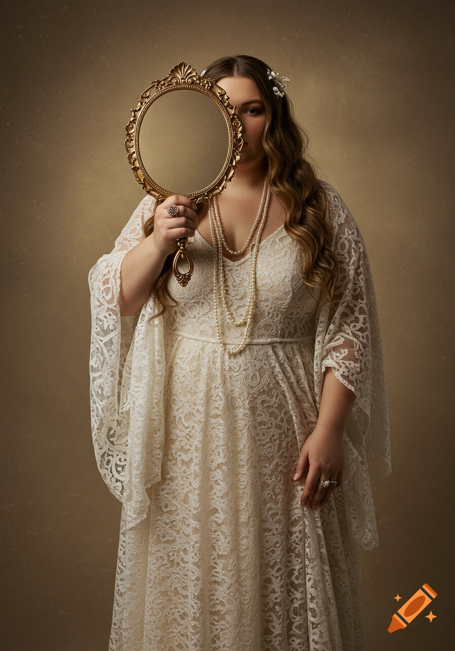 A woman in a white lace gown and pearl necklaces holds an ornate gold mirror over her face, in a vintage portrait style.