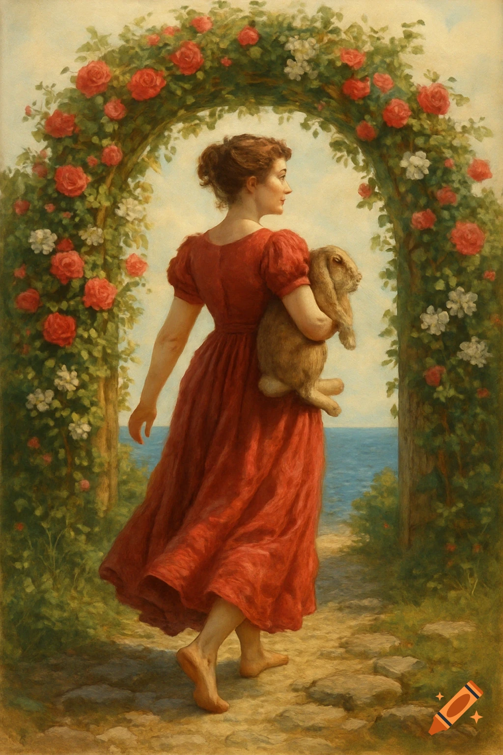 A woman in a red dress, holding a large brown rabbit, walks barefoot under a rose arch towards a calm blue ocean, in a painting style.