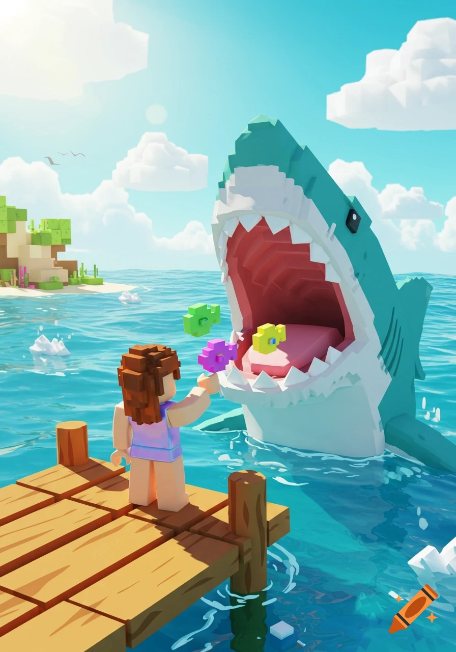 A blocky character on a pier feeds colorful blocky fish to a large shark in a clear blue ocean, with a blocky island under a bright sky.