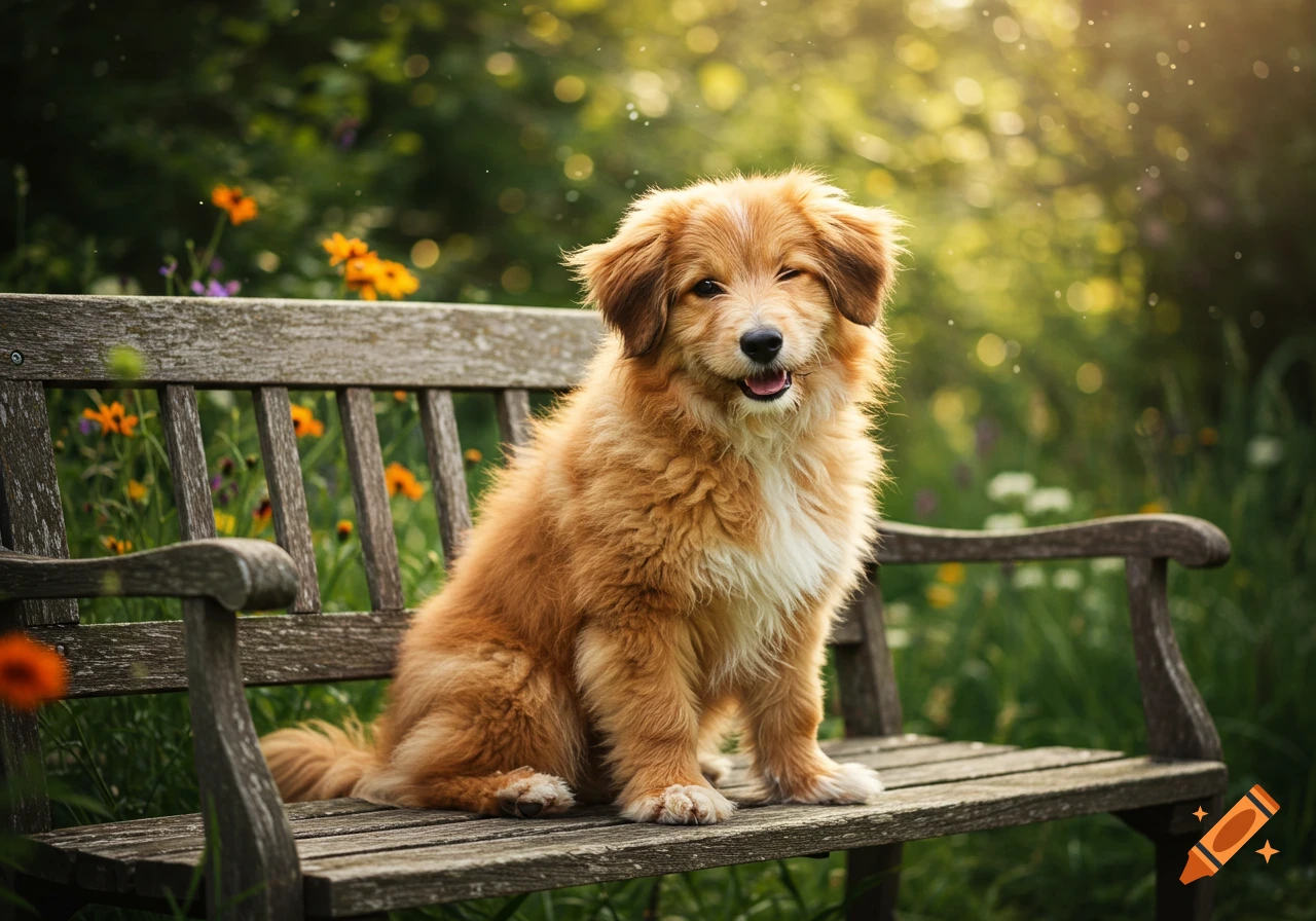 A fluffy golden-brown dog with a white chest sits on a wooden bench in a sunny garden, winking.