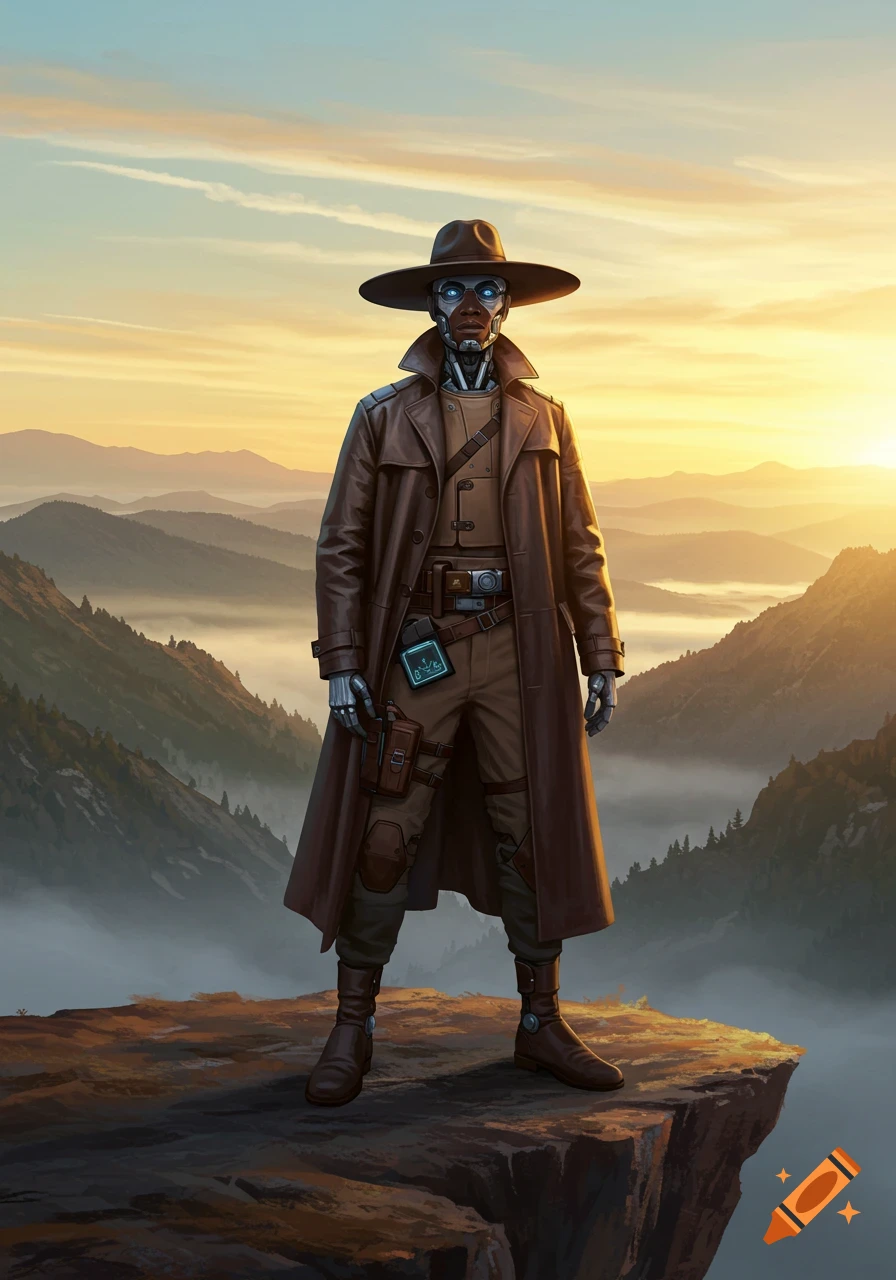 A robot in a trench coat and hat stands on a cliff overlooking a mountain range at sunrise, in a digital art style.