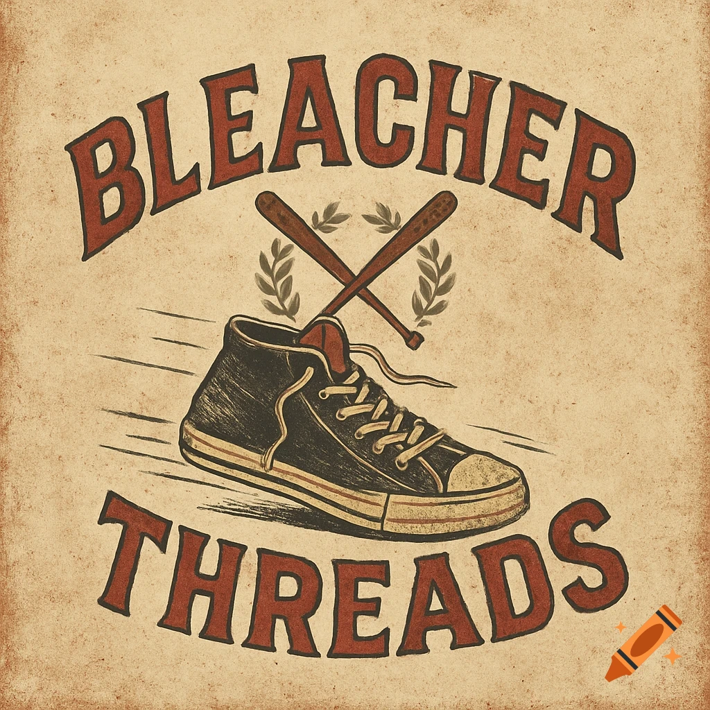 Vintage-style logo for Bleacher Threads featuring a shoe, crossed baseball bats, and laurel wreaths on a distressed background.