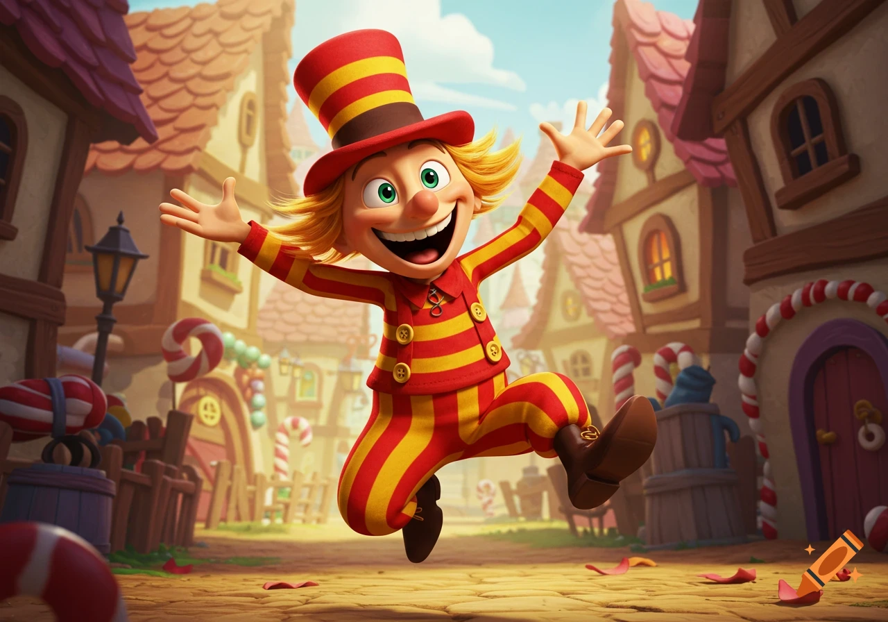 A cartoon character in a red and yellow striped suit and top hat joyfully jumps in a whimsical candy village.