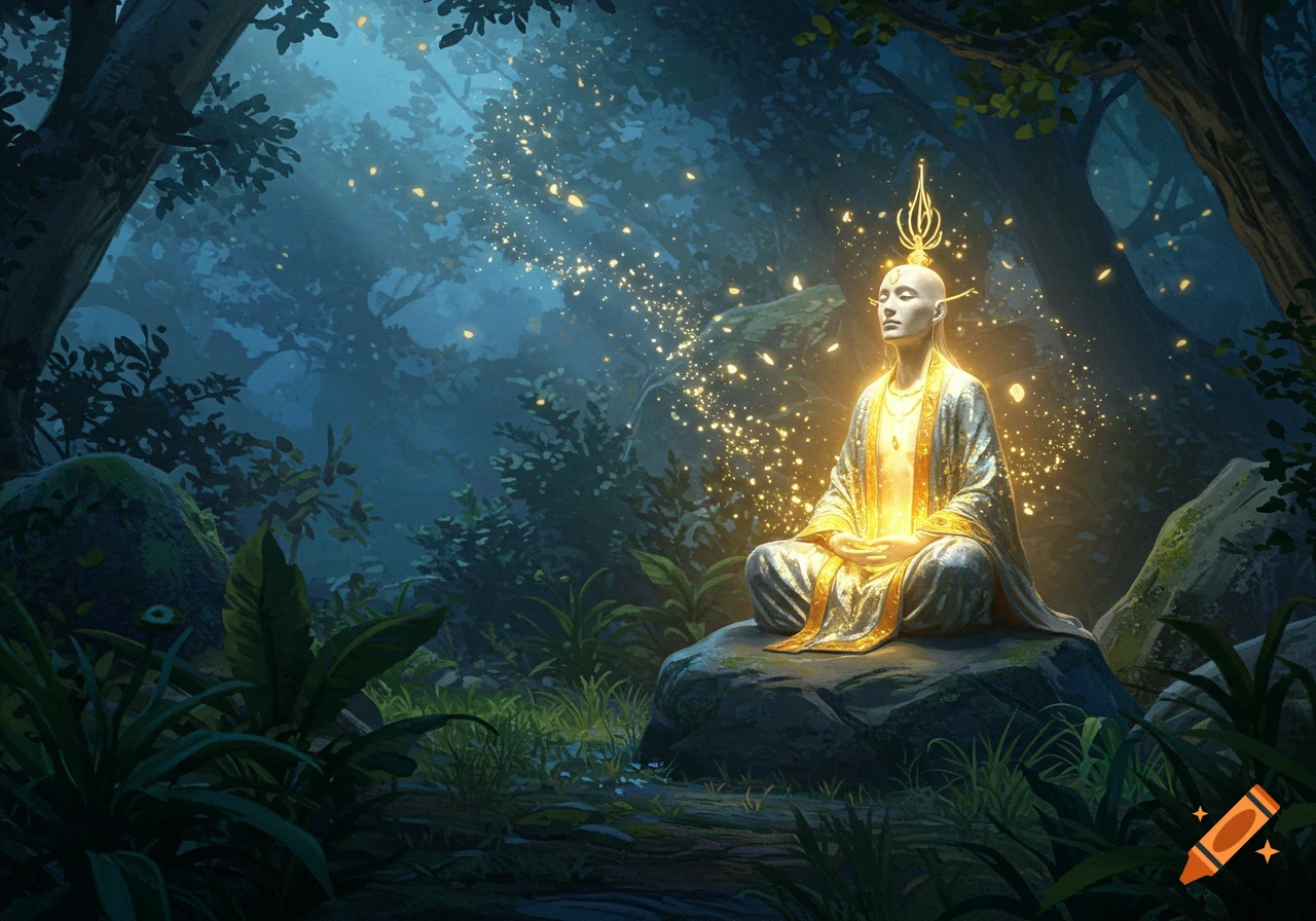 A serene figure in white robes with a golden headdress meditates in a mystical, glowing forest at dusk, surrounded by sparkling light.
