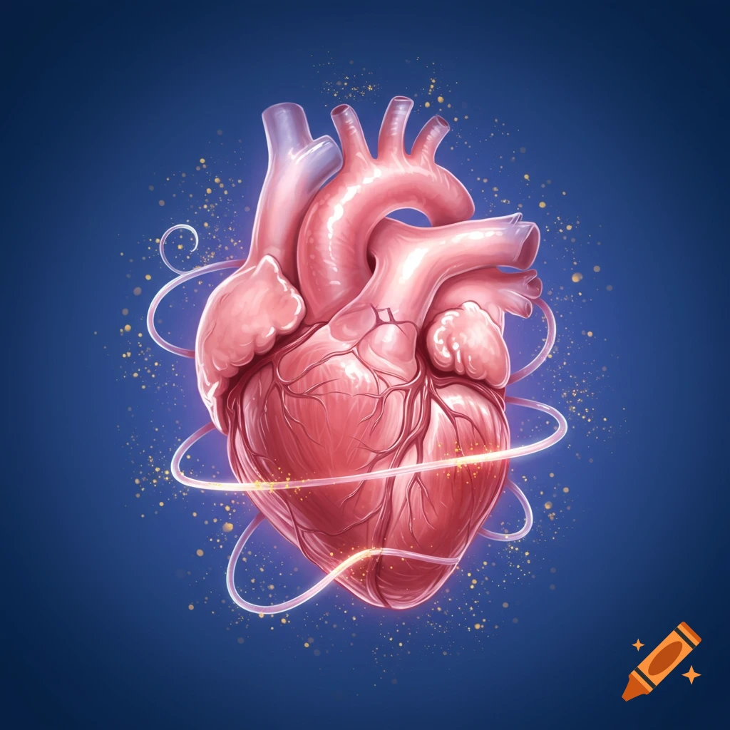 A stylized pink anatomical heart glows with swirling light on a dark blue background.