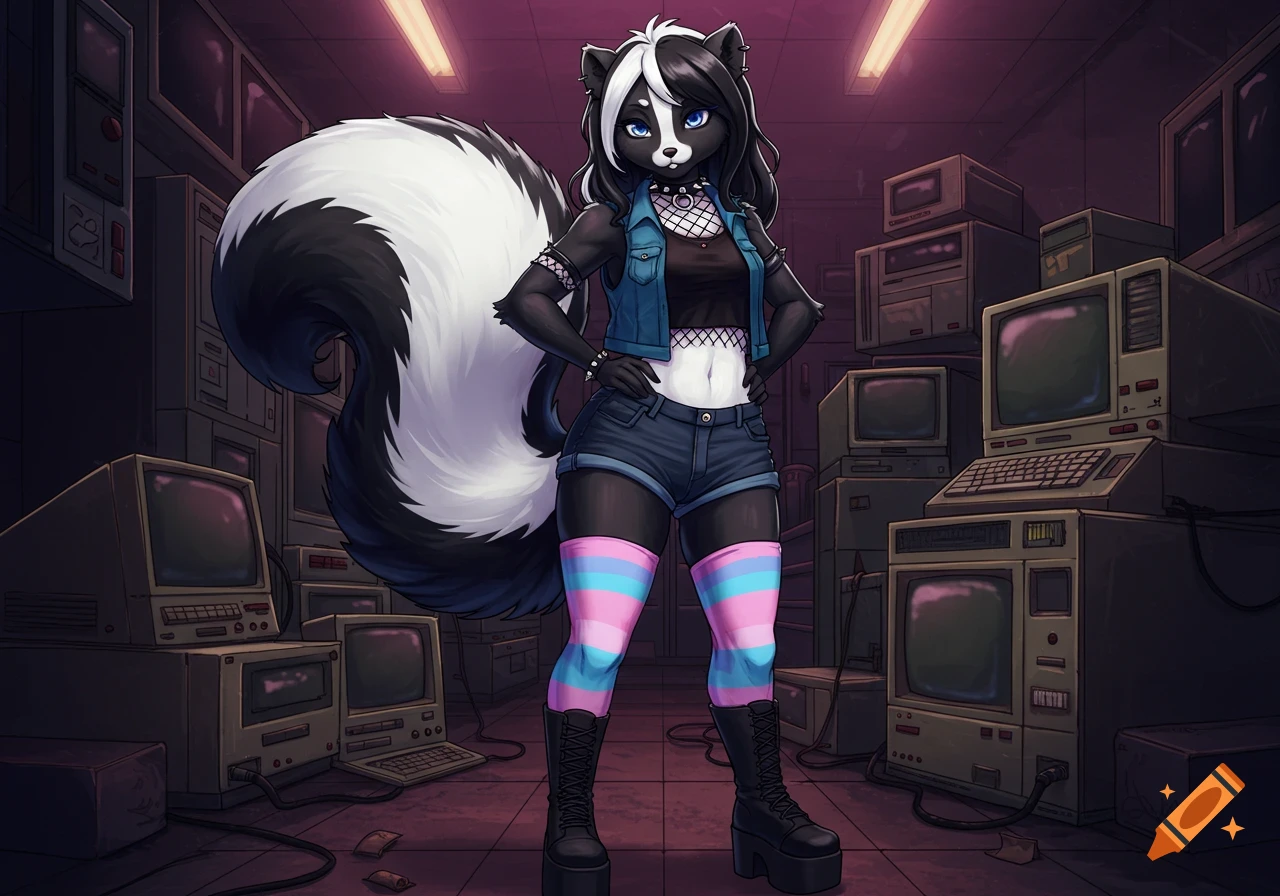 An anthropomorphic skunk girl with a black and white tail, wearing a cropped top, shorts, and striped socks, stands in a room with old computers in anime style.