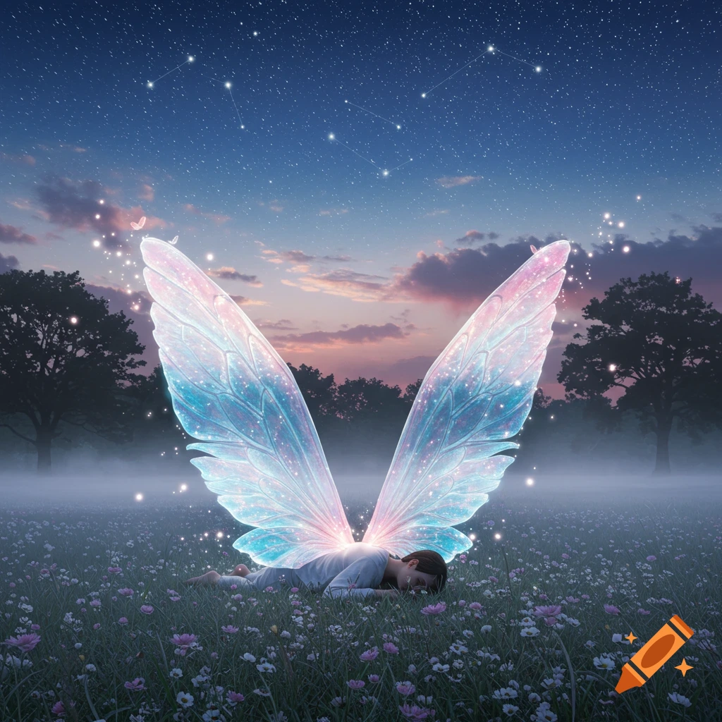 A person with large, glowing, iridescent wings lies in a field of wildflowers under a starry night sky with a colorful sunset horizon.
