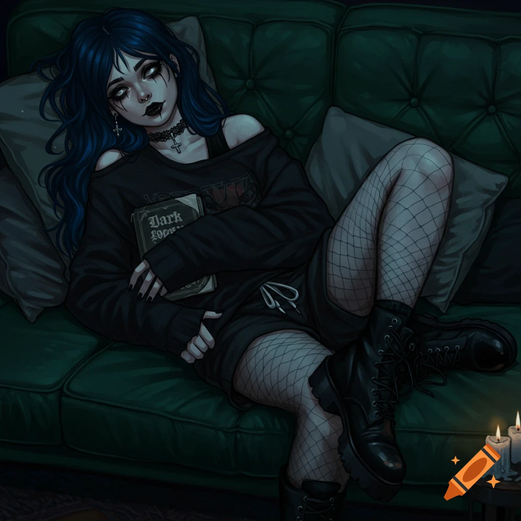 A woman with dark blue hair and gothic makeup lies on a green couch, holding a book, with candles nearby in a dimly lit room.