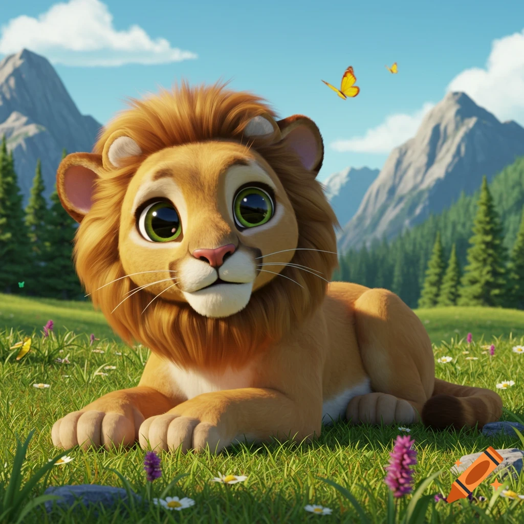 A friendly, cartoon-style lion cub with large green eyes lies in a sunny, green mountain meadow with butterflies.