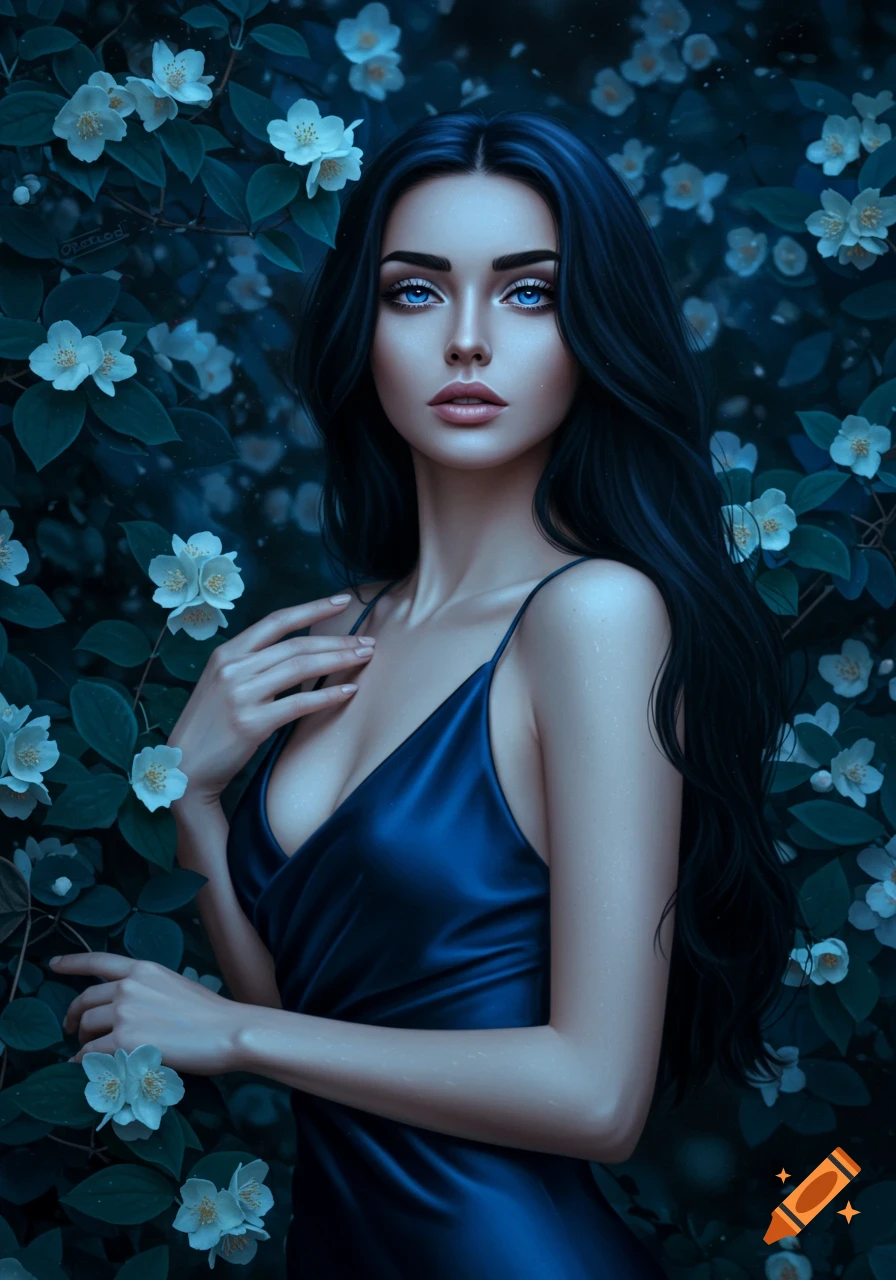A beautiful woman with long dark hair and striking blue eyes in a blue satin dress stands among white flowers.