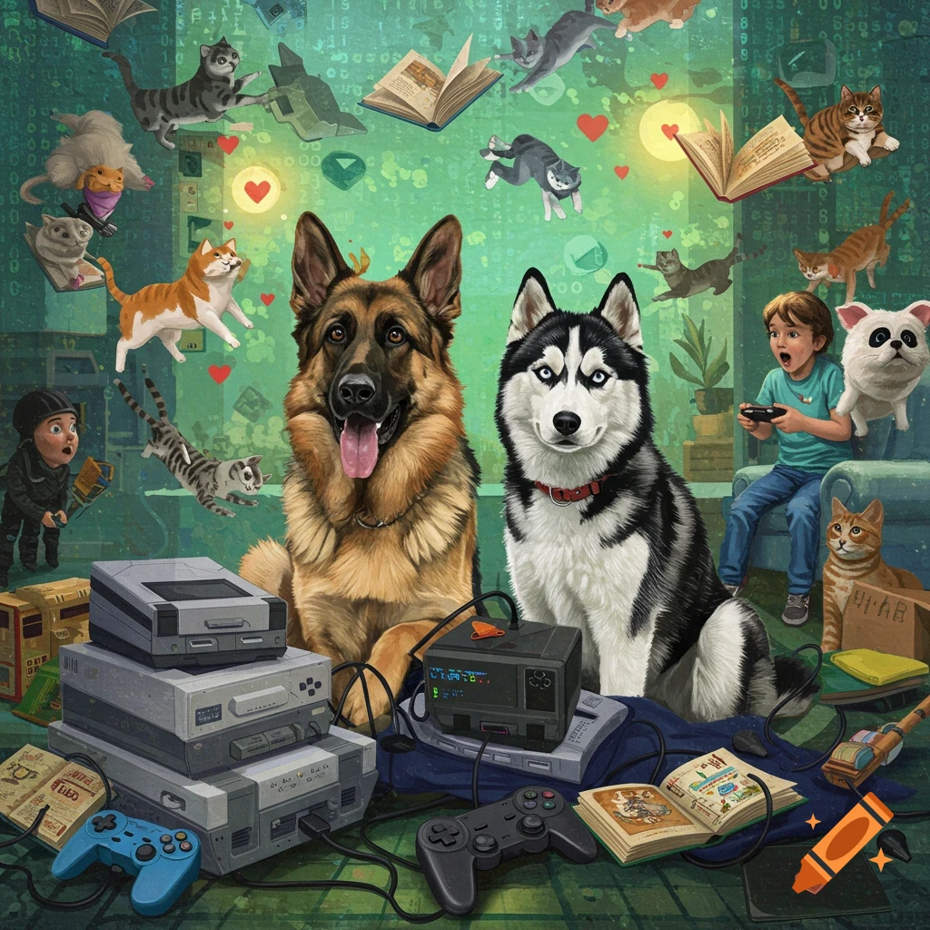 A collage featuring a German Shepherd and a Husky, a boy playing video games, surrounded by cats, books, and consoles. Stylized digital art.