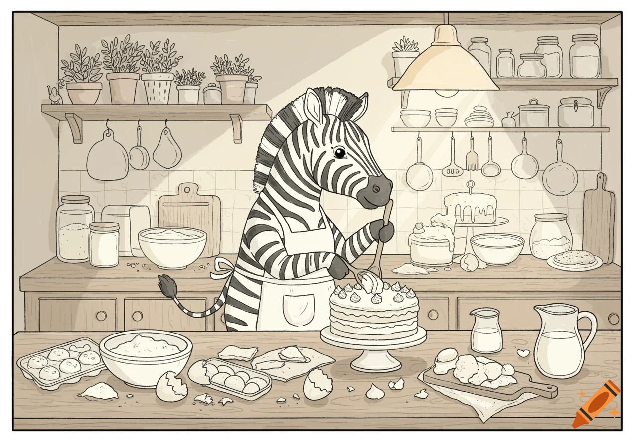 A black and white line drawing of a zebra wearing an apron baking a cake in a detailed kitchen, surrounded by ingredients and utensils.