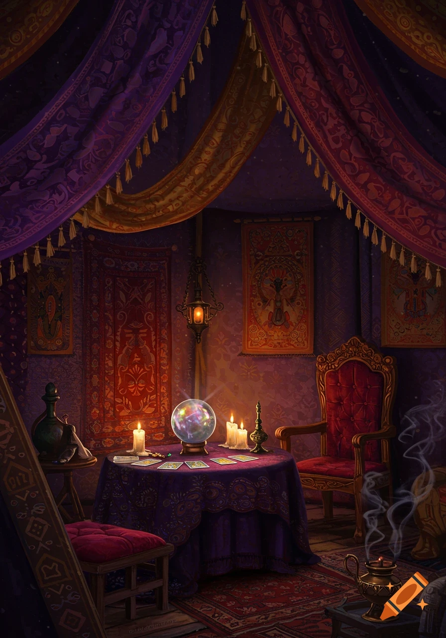 A richly decorated fortune teller's tent interior with a glowing crystal ball, tarot cards, candles, and ornate purple and gold drapes.