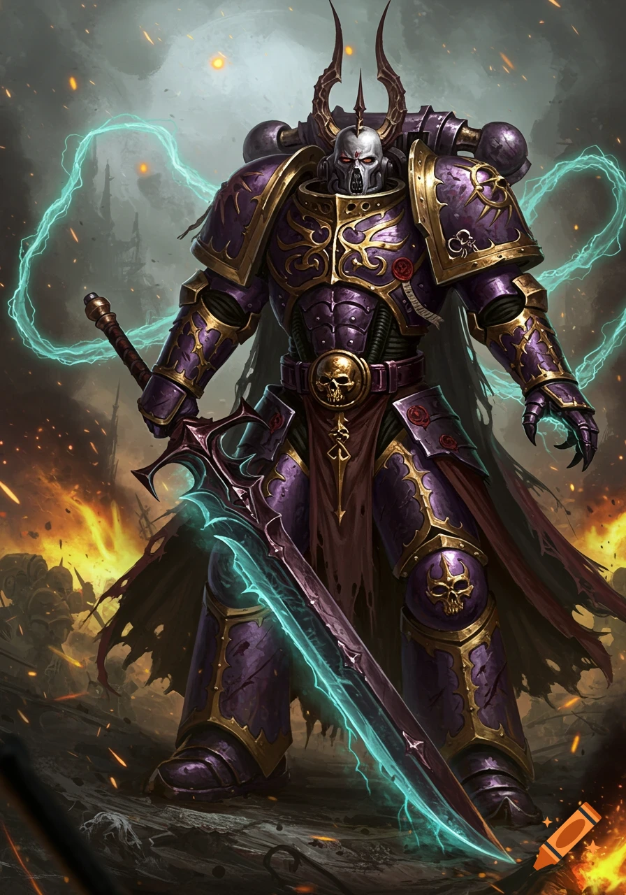 Full-body illustration of a menacing Space Marine in purple and gold armor with a skull helmet and horned backpack, wielding a glowing sword amidst a fiery battlefield.