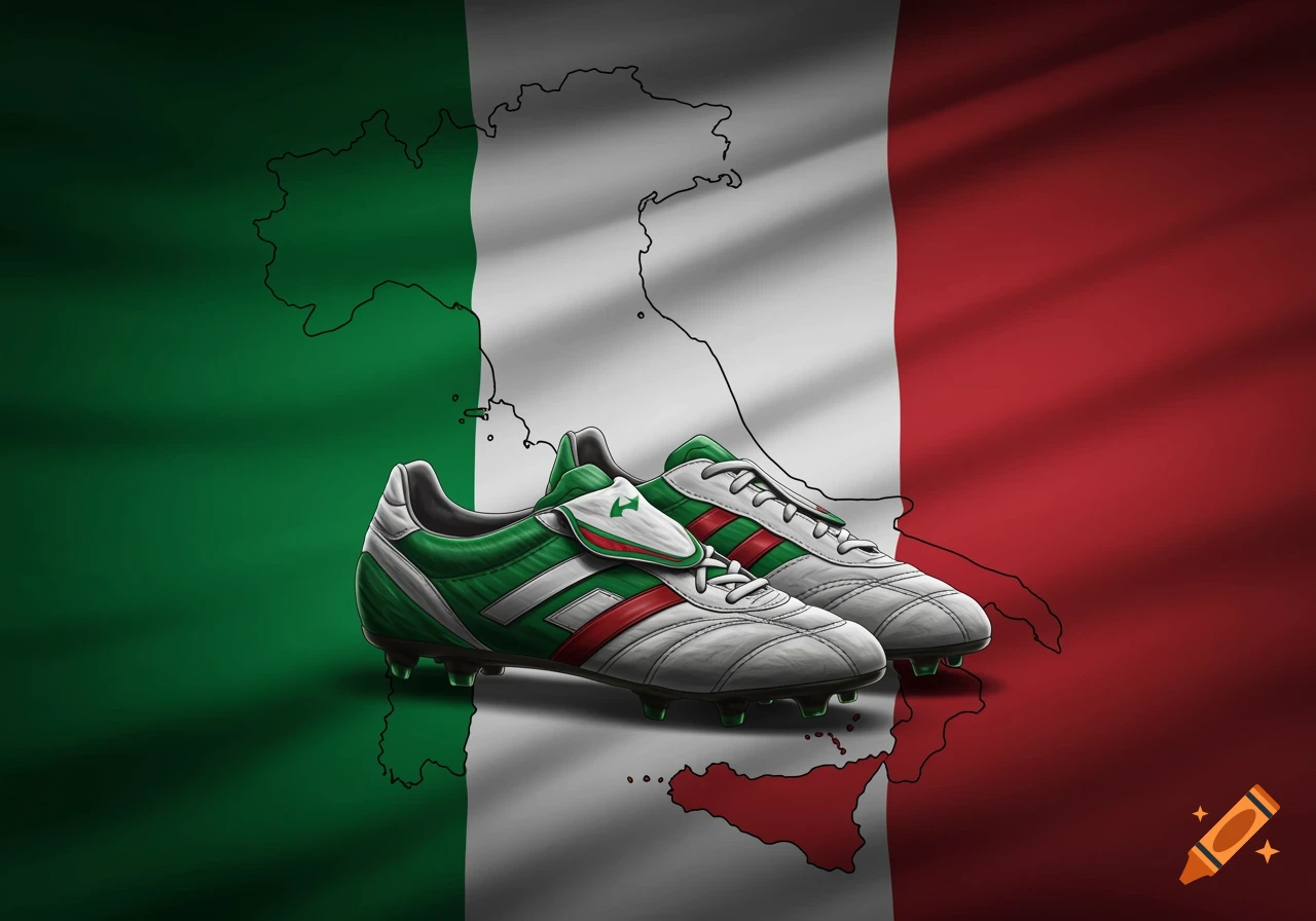 A pair of soccer shoes in green, white, and red on a waving Italian flag background with the map outline of Italy.