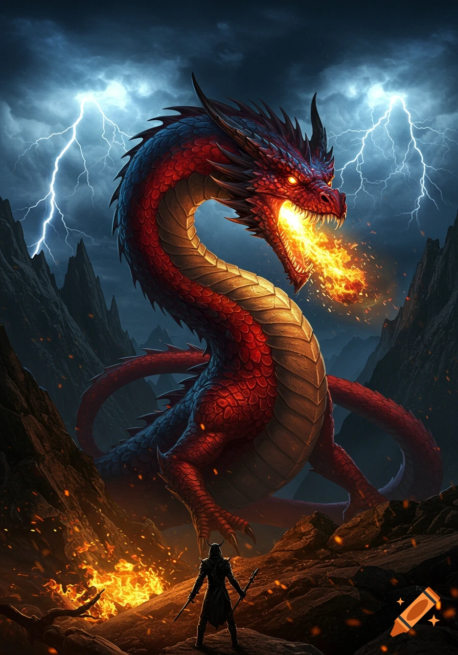 A formidable red and blue dragon breathes fire at a lone warrior in a stormy, rocky landscape with lightning.