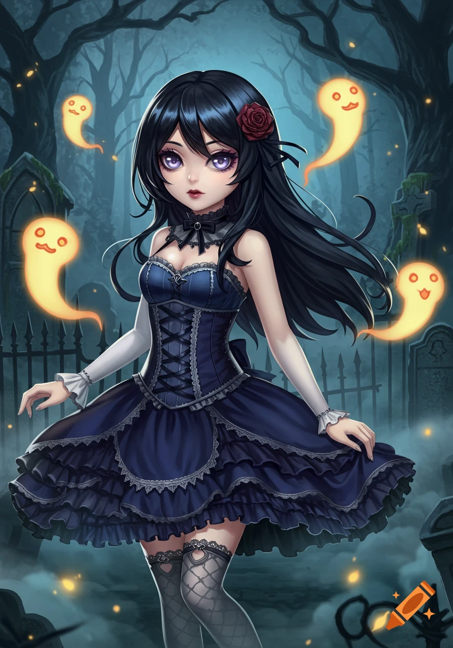 A cute gothic anime girl with long black hair and a dark blue dress stands in a spooky graveyard with glowing orange ghosts.