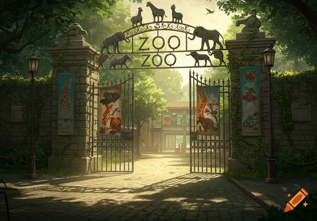 A grand zoo entrance with an iron archway featuring animal silhouettes and 'ZOO ZOO' signage, bathed in sunlight.
