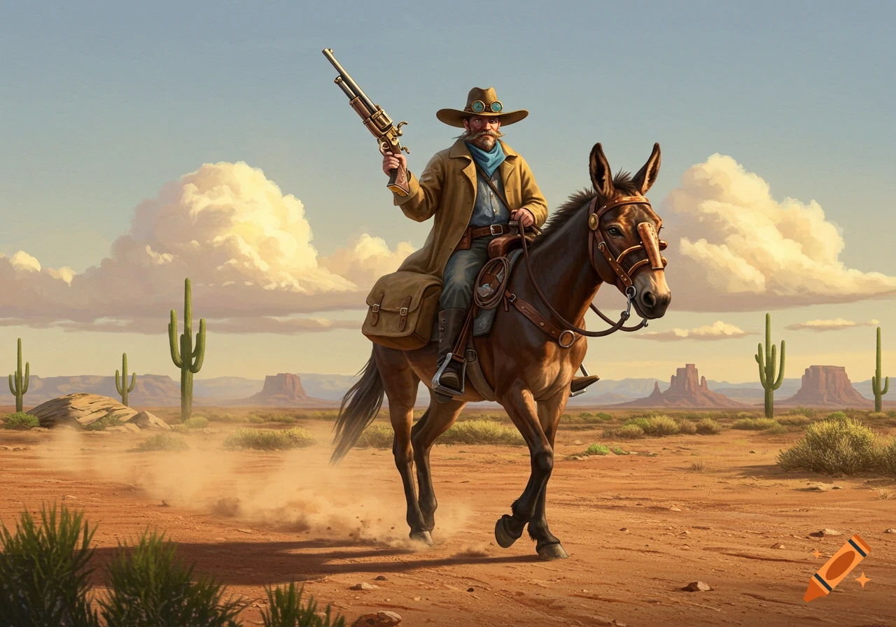 A bearded man in a cowboy hat and duster coat rides a mule in a dusty desert, holding a steampunk rifle. Cacti and mesas are in the background.