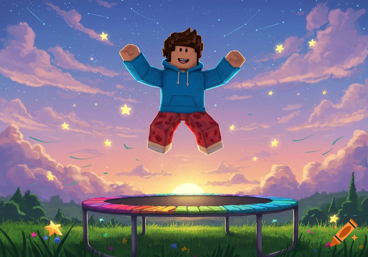 Roblox character in a blue hoodie and red pants jumping high on a rainbow-colored trampoline at sunset, with stars in the sky.