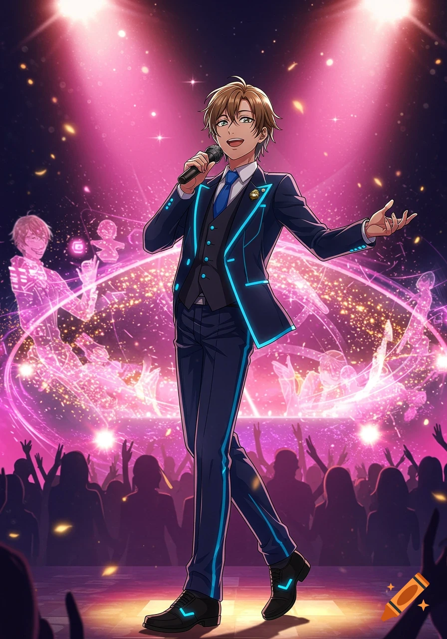Anime male singer on stage under bright pink spotlights, surrounded by glowing energy effects and a silhouetted crowd.