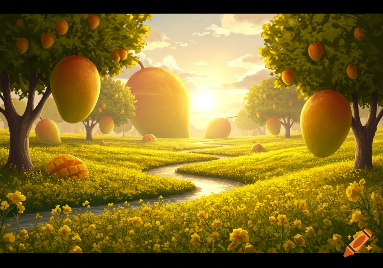 Vibrant fantastical landscape with giant mango trees, a river winding through yellow flowers, and a bright sun.