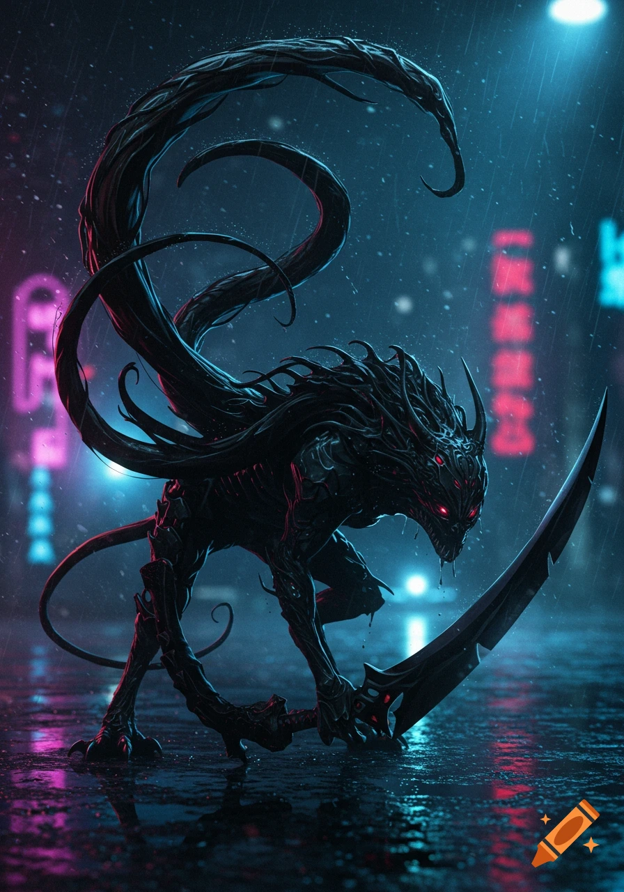 A monstrous, dark creature with red eyes and tentacles holds a blade on a wet, rainy cyberpunk street with neon lights.