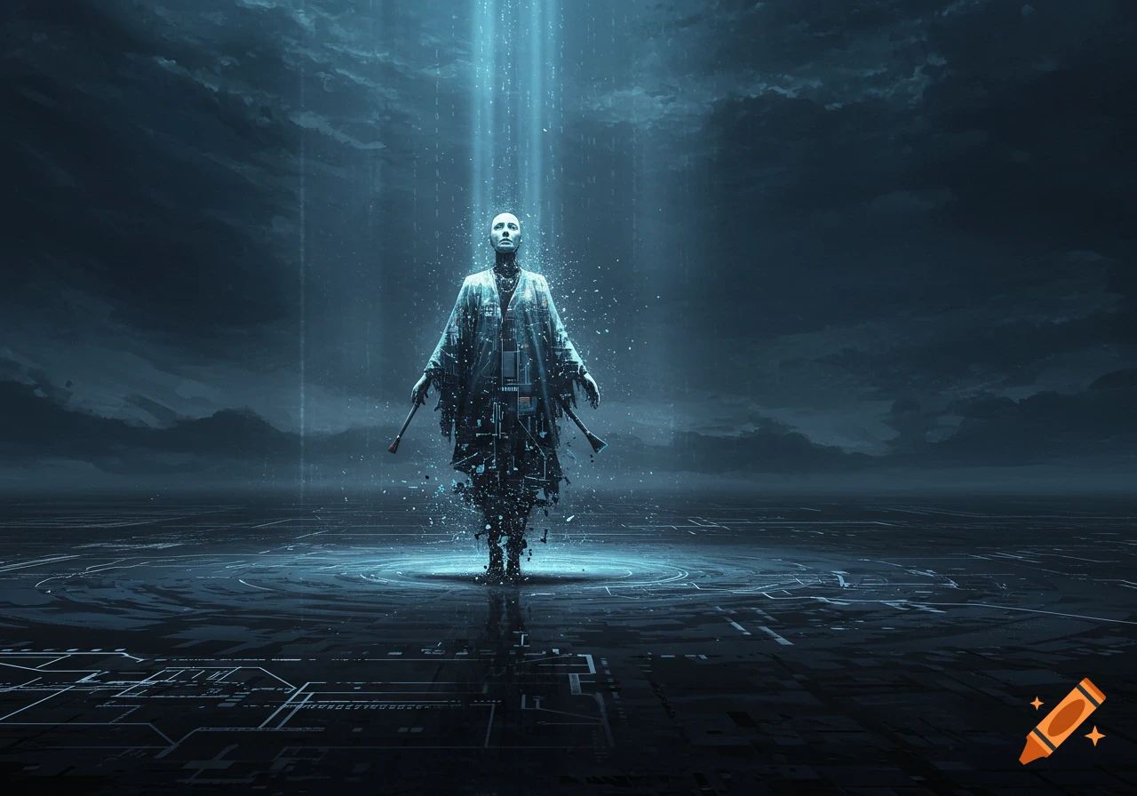 A humanoid figure disintegrates into digital particles under a beam of light in a dark, futuristic landscape with circuit patterns.