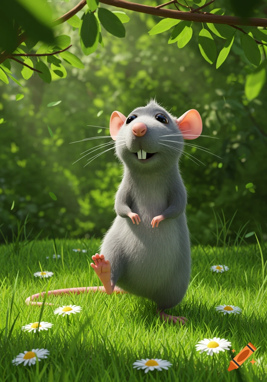 A happy, cartoon-style gray rat stands upright in green grass with daisies under dappled sunlight, lifting one foot.