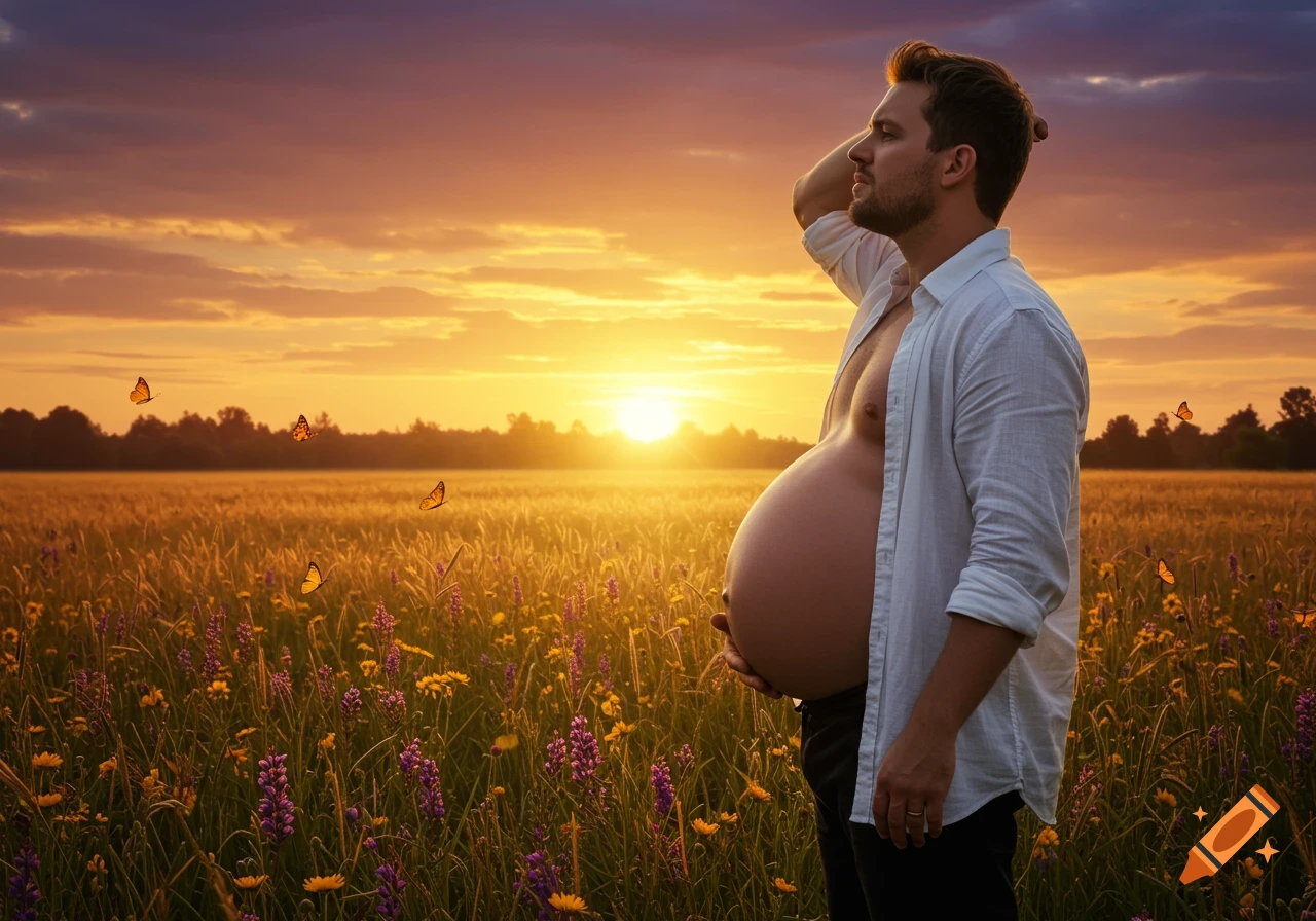A man with a massive pregnant belly stands in a field of wildflowers at sunset with butterflies flying around him.