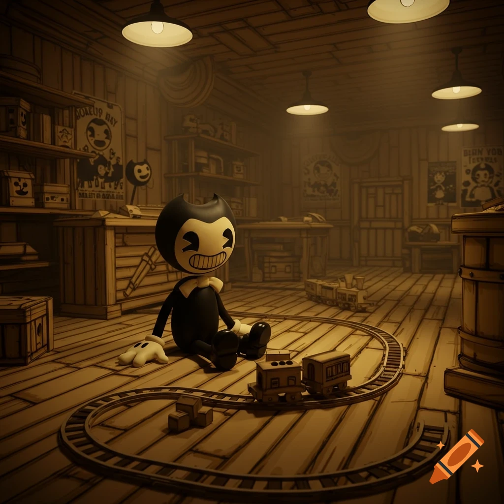 A 3D render of Bendy from Bendy and the Dark Revival, sitting on the floor playing with a toy train set in a stylized, wood-paneled room.