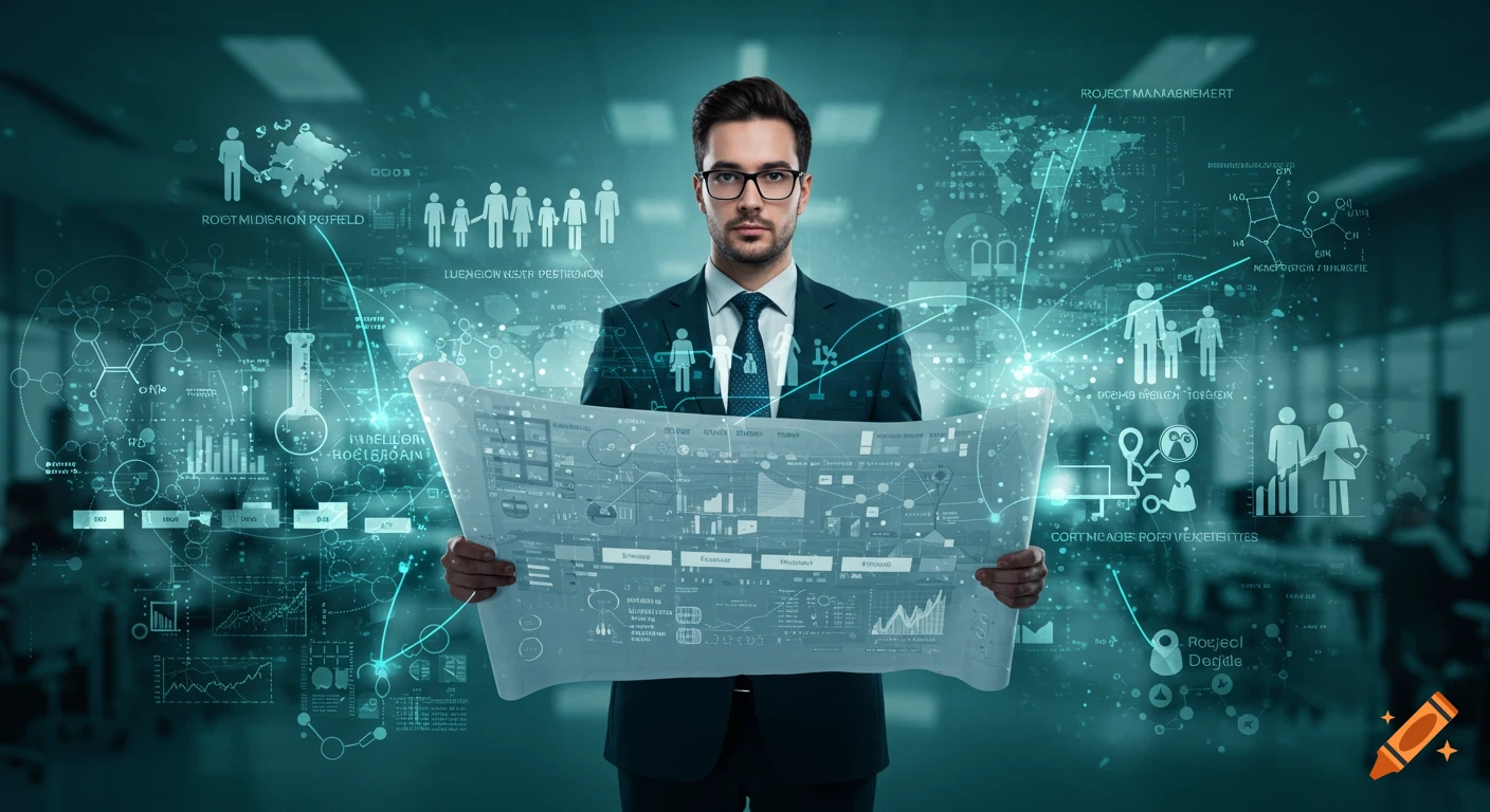 A man in a suit and glasses holds a large translucent document with data visualizations, surrounded by glowing digital interface elements and graphs in a professional setting.