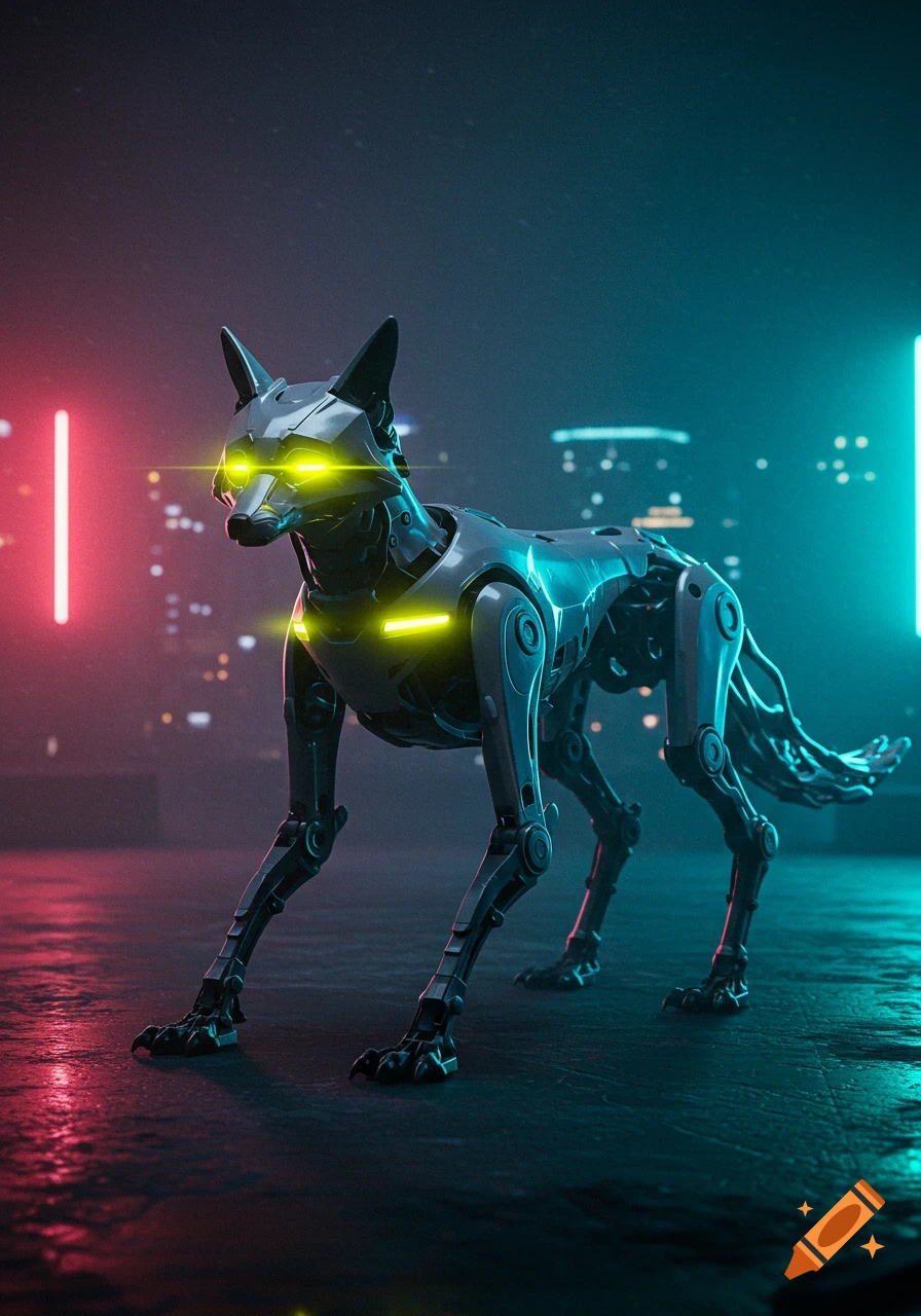 A sleek, metallic biomechanical dog with glowing yellow eyes stands in a dark, futuristic cityscape with neon lights.