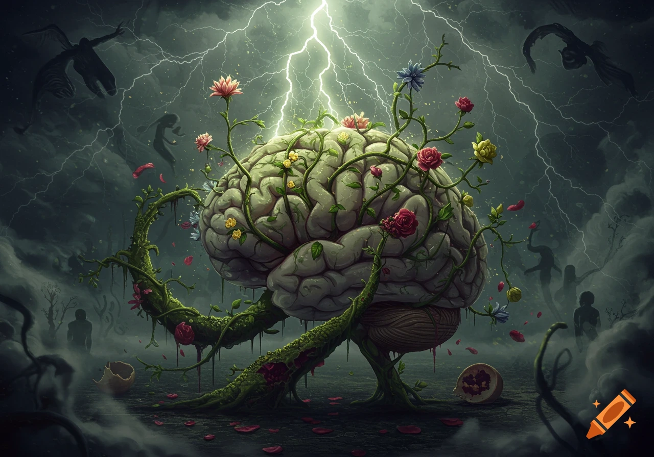 A surreal illustration of a human brain overgrown with vines and flowers, under a stormy sky with lightning and shadowy figures.