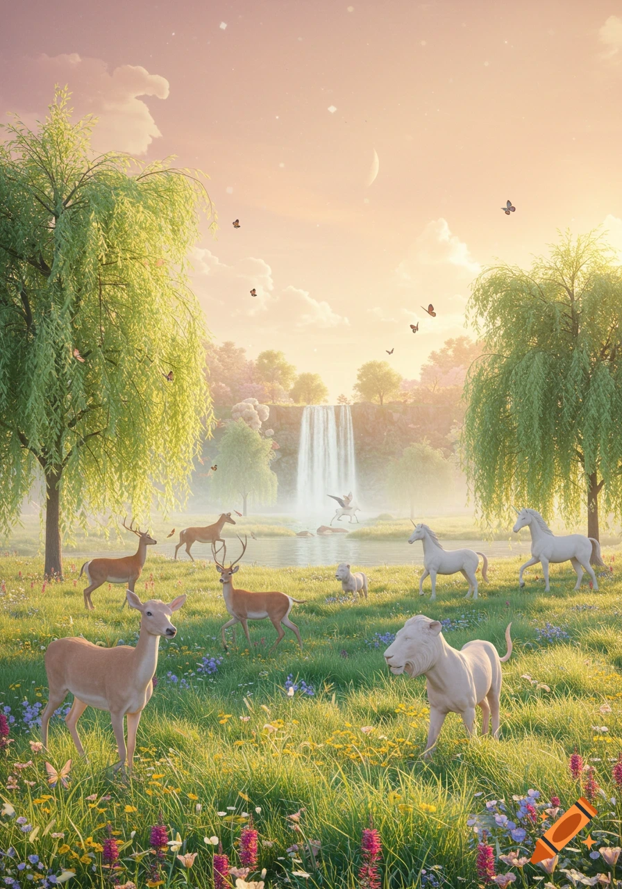 A serene fantasy landscape with a waterfall and lake, surrounded by lush green grass, wildflowers, and trees, with deer, unicorns, and a white lion-like creature grazing under a golden sky with a crescent moon.
