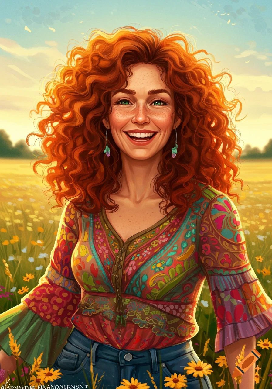A smiling woman with bright red curly hair and freckles, wearing a colorful patterned top, stands in a sunny field of wildflowers.