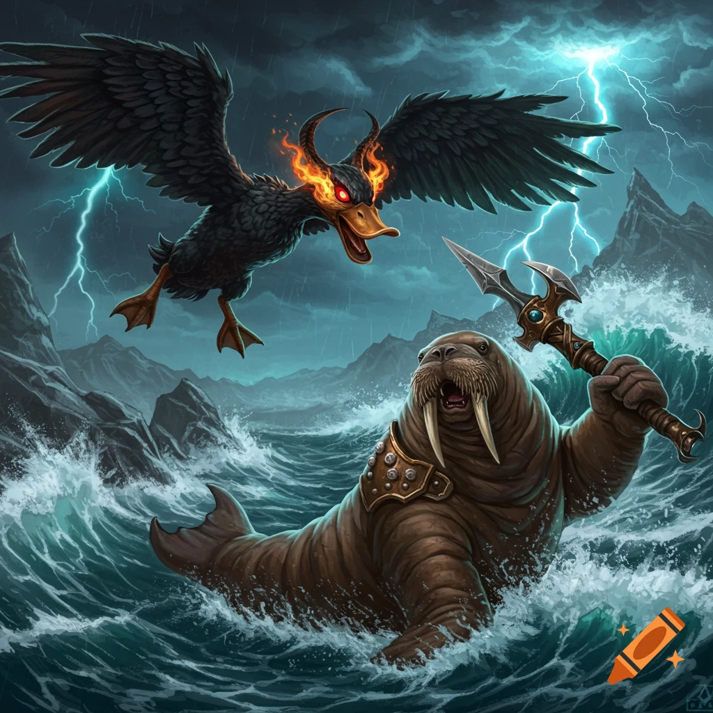 A demonic duck with fiery horns and eyes battles a warrior walrus with a spear in a stormy sea with lightning.