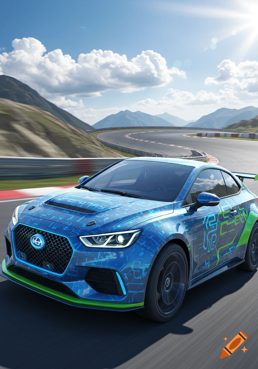 A blue custom-painted car with circuit board patterns and green accents speeds along a race track, with mountains under a sunny sky in the background.