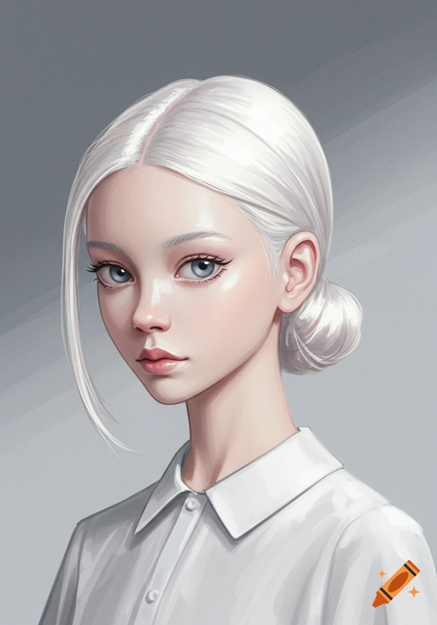 Stylized illustration of a young woman with white hair pulled into a bun, wearing a white collared shirt.