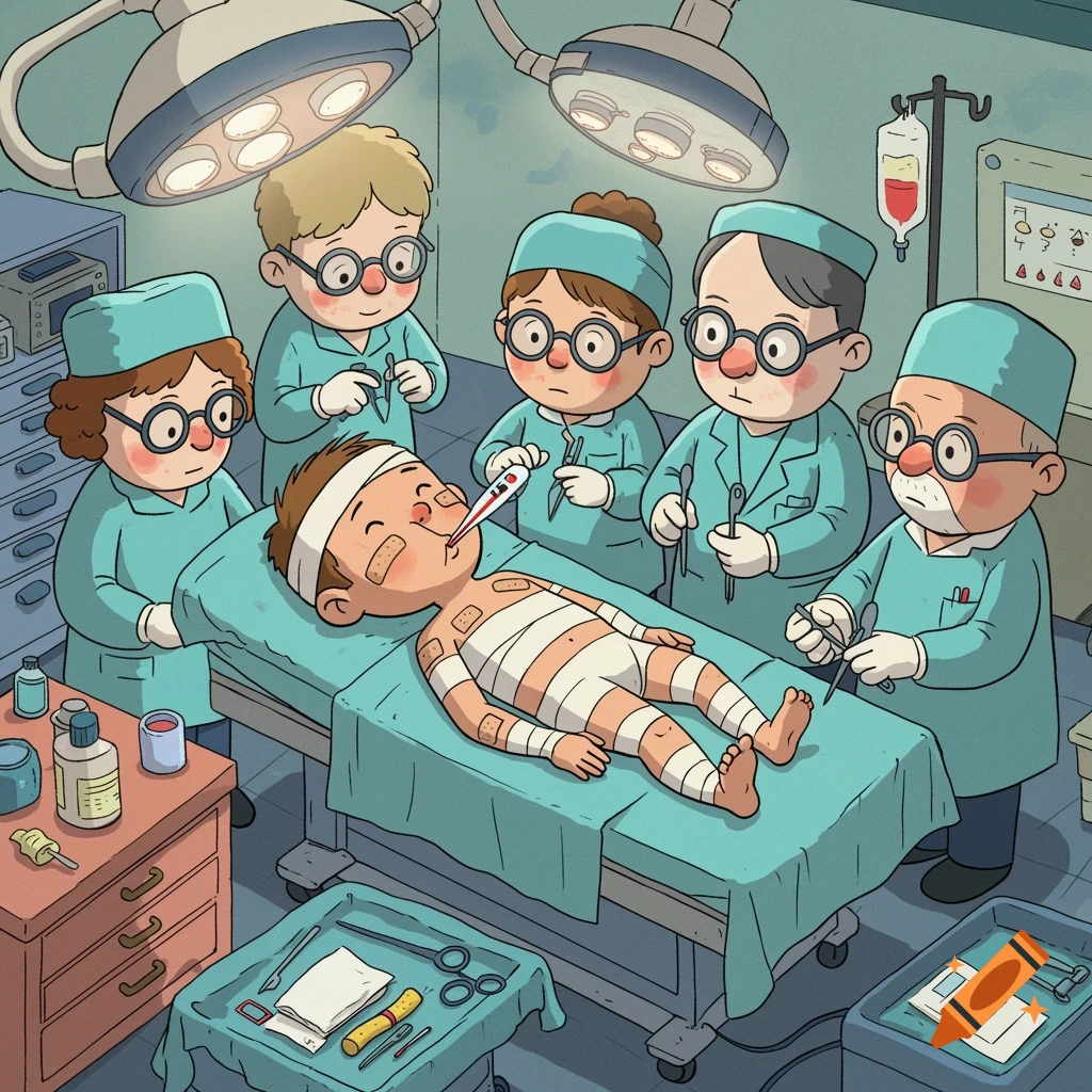 A cartoon boy bandaged on an operating table with a thermometer in his mouth, surrounded by five cartoon surgeons.