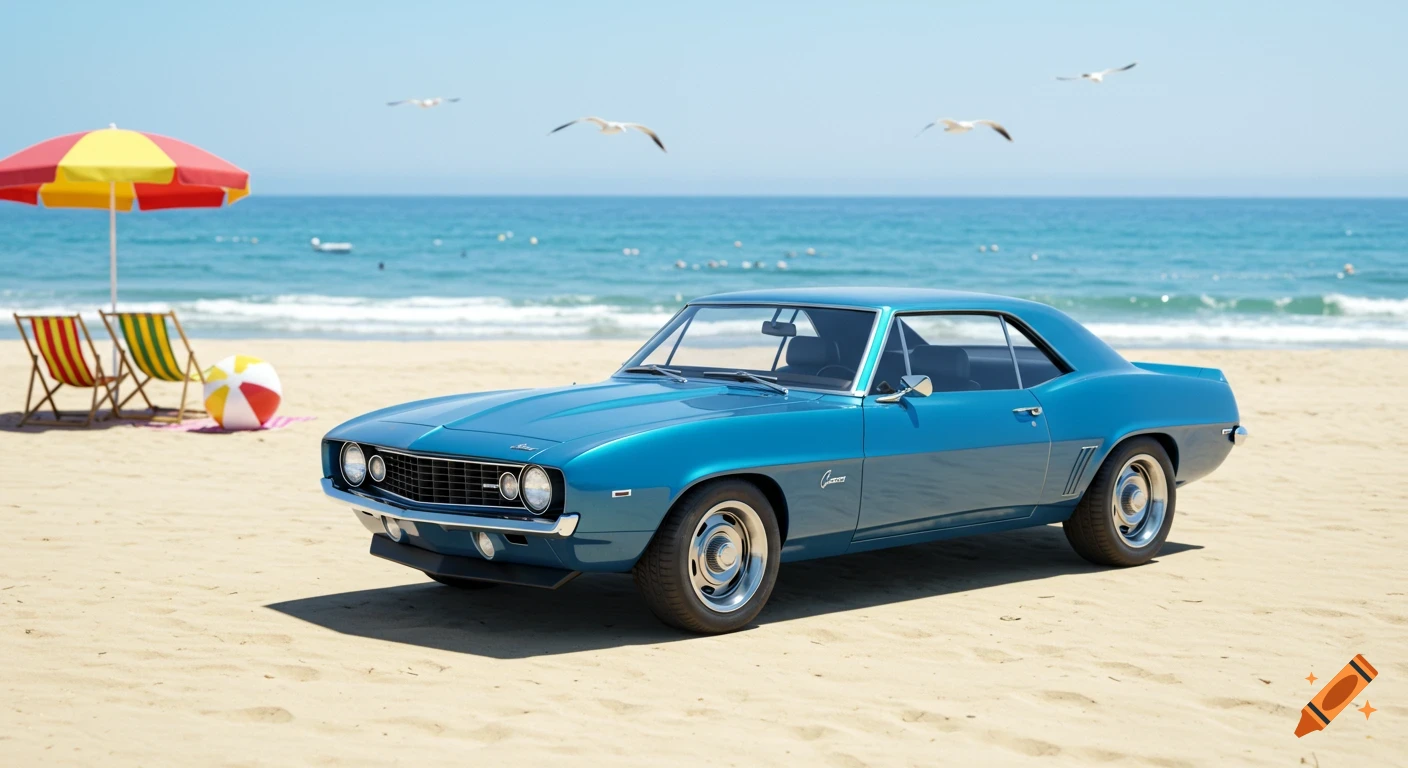 A blue vintage muscle car parked on a sunny beach with a red and yellow umbrella, beach chairs, and a beach ball, with seagulls flying over the ocean.