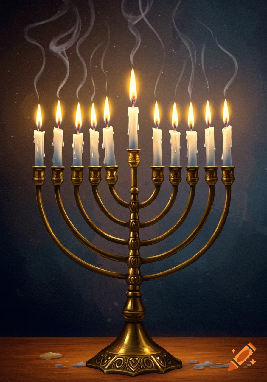 A golden menorah with nine lit candles on a wooden table, emitting smoke against a dark background.