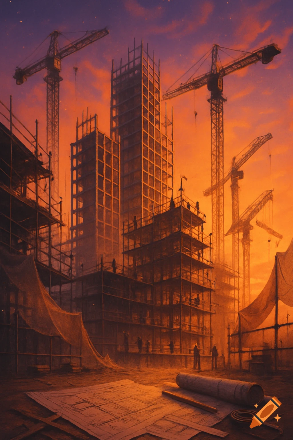 A vast construction site with towering cranes and unfinished buildings silhouetted against a dramatic orange and purple sunset. Blueprints are on the ground.