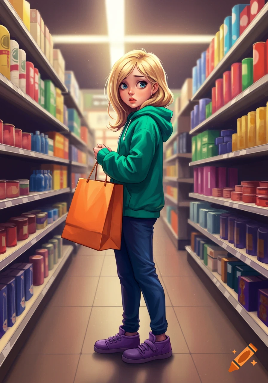 Animated blonde woman in a green hoodie holding an orange shopping bag in a grocery store aisle.